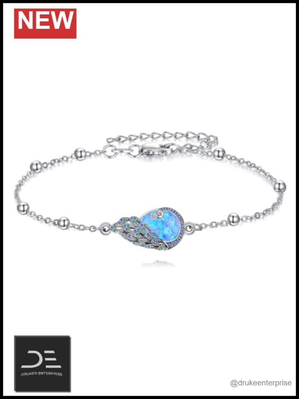 925 Sterling Silver Peacock Link Bracelet Moonstone Adjustable